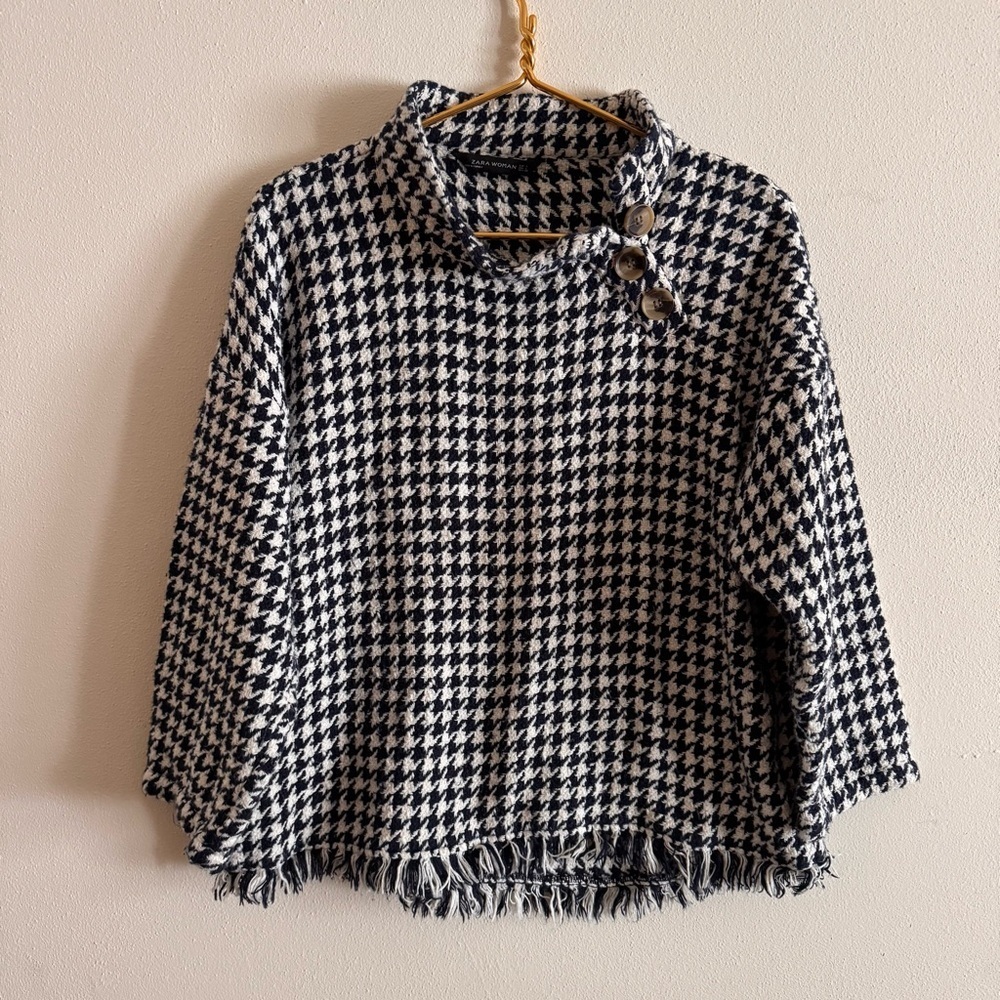 Zara // dark blue, white houndstooth tweed pullover top size large A26